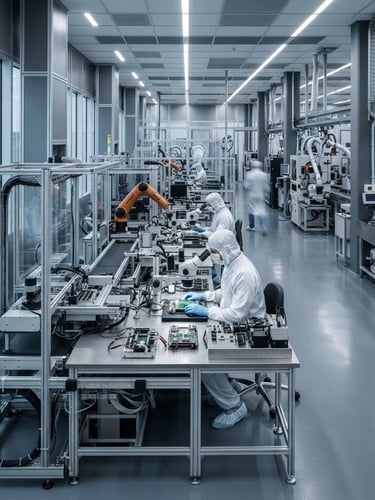 Sharp industrial photography of a high-tech manufacturing facility clean-room assembly line, cool daylight, desaturated steel and slate tones, architectural framing.