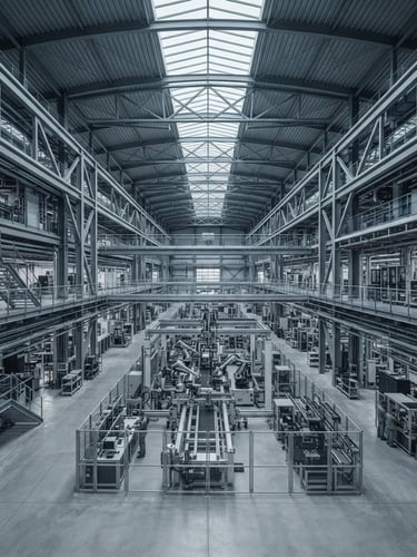Wide geometric architectural shot of a high-tech manufacturing facility, cool daylight, desaturated steel and slate tones, deep depth of field