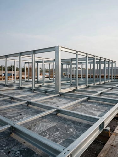 Wide geometric shot of an architectural project site under cool daylight, focused on steel framing and precise alignments, deep depth of field.