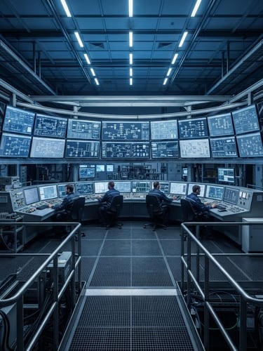Wide geometric view of an industrial control center, cool blue overhead lighting, desaturated steel monitors displaying real-time systems architecture.