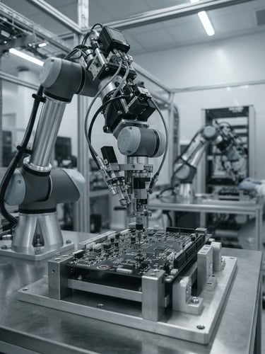 Sharp industrial photography of a high-tech robotic assembly arm working on a circuit board in a clean-room facility, cool daylight, desaturated steel tones