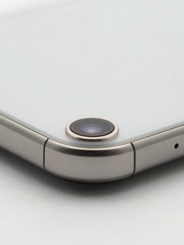 Pristine smartphone hardware close-up showing a titanium chassis edge and camera lenses, bright high-key studio lighting, neutral minimalist background, sharp macro lens