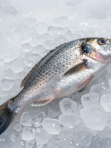 Bright cold morning light on a whole fresh sea bream resting on clean crushed ice, silver scales glistening, clear eyes visible, minimalist composition.