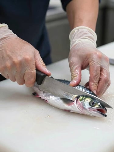 Close up of a professional fishmonger hands wearing clean protective gear, expertly slicing a fresh fish with a sharp steel knife on a spotless white counter.