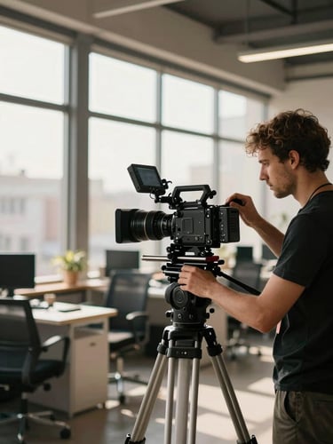 Wide right-side bleed shot: a camera operator adjusting a professional cinema rig on a fluid head tripod inside a sun-drenched Pristina office, warm afternoon light streaming through tall windows behind, shallow depth-of-field separating the operator from the softly blurred open-plan workspace, shot at shoulder height respecting the subject's focus