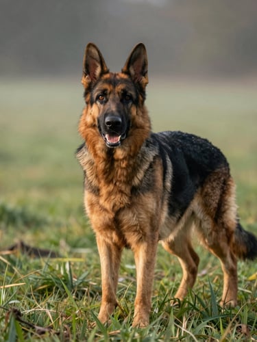 Dynamic low-angle shot of a purebred German Shepherd standing alert on green grass, crisp morning daylight, rich earthy tones, 35mm lens