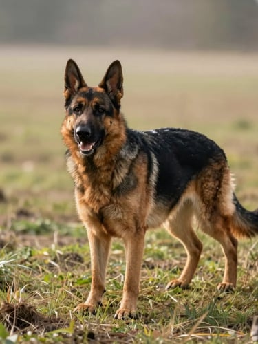 A powerful German Shepherd standing alert in a wide grassy training field, crisp morning daylight, rich earthy tones, sharp focus, 35mm lens.
