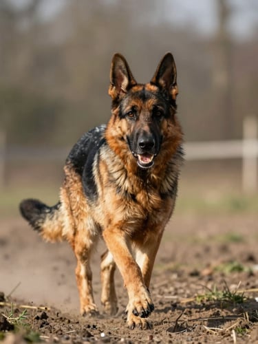 Low-angle portrait of a German Shepherd running through an outdoor obstacle course, natural morning daylight, sharp focus, rich earthy tones, 35mm lens.