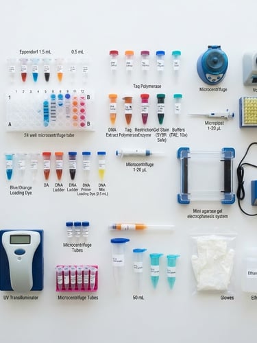 Top-down flat lay of BioMol for All kit components neatly arranged on a clean white surface, bright studio lighting, crisp details, 35mm lens.