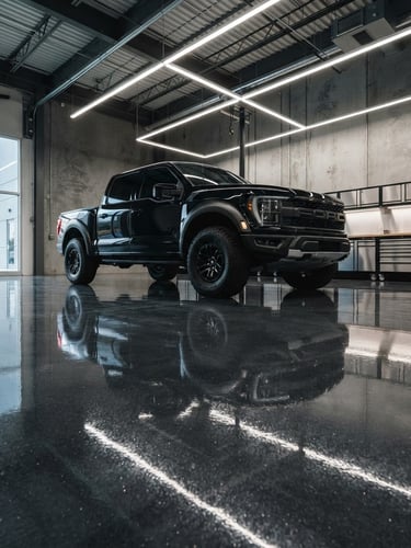 Wide-angle, low-shot of a modern garage with a dark, high-gloss polyaspartic floor, a sleek black truck parked on it, bright overhead lighting reflecting off the surface, left-side bleed.