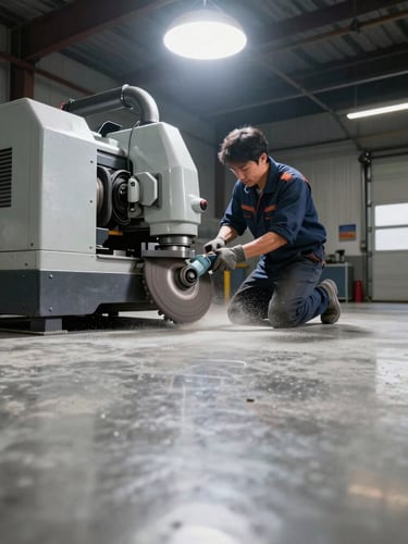 Technician operating a heavy diamond-grinding machine on a concrete floor, creating a fine dust, bright overhead lighting, high-contrast industrial tones, focused on the grinding head and concrete texture, wide-angle.