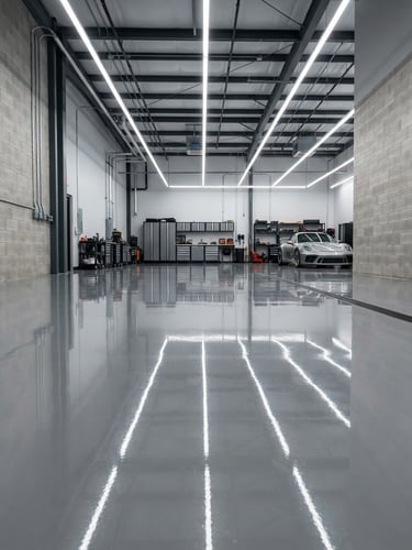 Wide-angle, low-shot of a flawless, high-gloss gray epoxy garage floor reflecting bright overhead lights, sharp clean edges, industrial setting, clean concrete walls, high contrast.