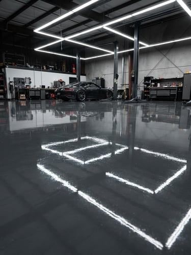 Close-up of a flawless, high-gloss solid charcoal epoxy floor reflecting bright overhead garage lights, wide-angle, high-contrast industrial tones, clean reflective surfaces. No text.