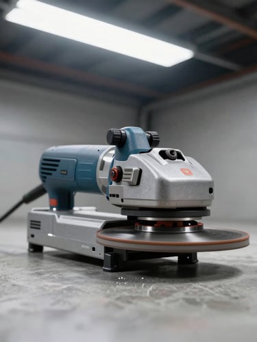Close-up of a heavy-duty planetary diamond grinder operating on a concrete garage floor, bright overhead lighting, high-contrast industrial tones, sharp focus on the grinding discs.