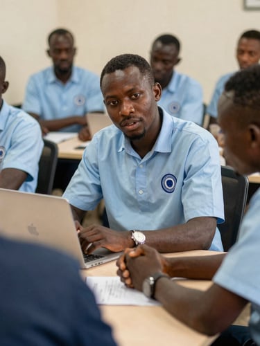 Un membre de l'équipe de l'ONG en pleine action, discutant de manière professionnelle avec des partenaires locaux dans un bureau lumineux en Afrique, plans moyens.