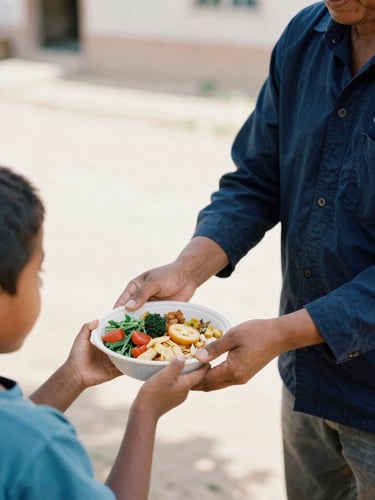 A warm editorial 35mm photo of an NGO worker in a deep navy shirt gently handing a fresh, nutritious meal to a child in a sunny outdoor setting, natural light, authentic interaction.