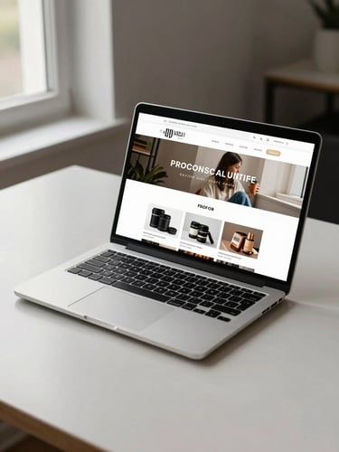Wide-angle flat-lay of a laptop on a clean light desk showing a polished local retail shop website on screen, natural window light from the left, product thumbnails visible on the site, no people