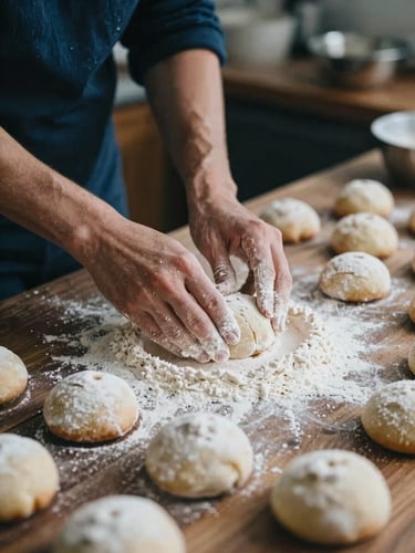 Close-up of hands dusting flour over artisanal Galician pastries on a dark wooden counter, soft diffused side lighting, warm tones.