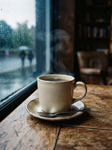 Steaming cup of coffee on a rustic wooden table by a rain-streaked window, soft interior lamp light, moody film photography, 35mm lens
