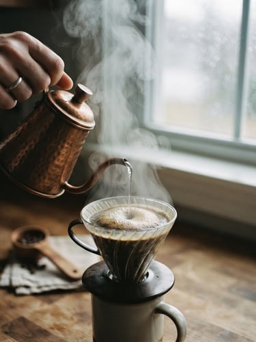 Close-up of a hand pouring hot water from a copper kettle over a glass coffee dripper, thick steam rising, soft overcast morning light through a rain-streaked window, warm wooden counter background