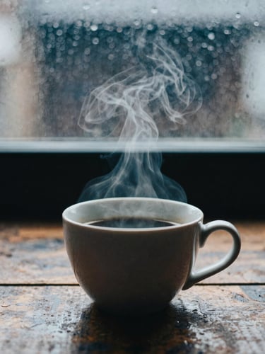 Intimate close-up of steam rising from a ceramic cup of coffee on a dark rustic wooden table, rain-streaked window in the soft-focus background, moody film style.