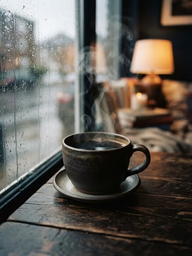 Intimate close-up of a steaming ceramic cup of coffee on a dark wooden table, rain-streaked window pane with soft warm interior lamp light in the background, moody film photography, 35mm lens