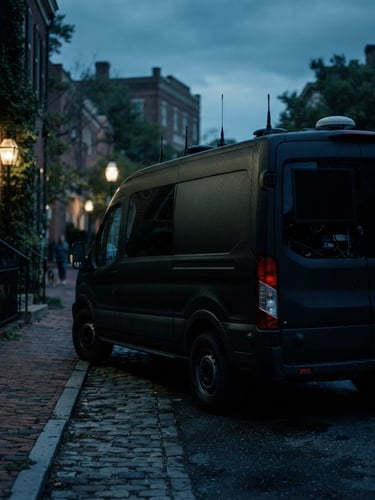 Low-key editorial photography of a specialized unmarked surveillance vehicle parked on a quiet Alexandria street at dusk, cool desaturated tones, cinematic shadows.