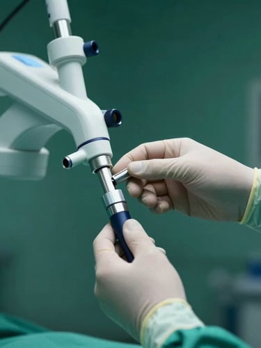 Close-up of hands in sterile surgical gloves adjusting high-tech laparoscopic equipment, cool crisp clinical light with deep petrol green tones