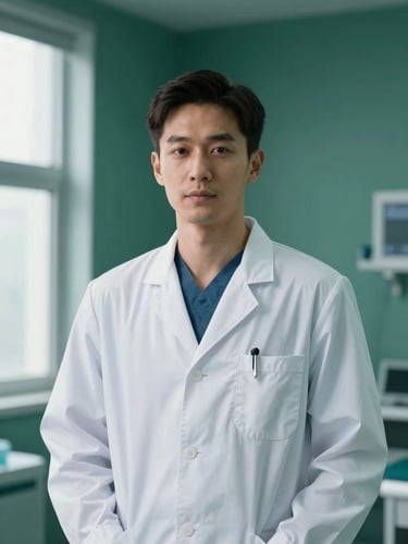 Professional, confident portrait of a male surgeon in a white clinical coat, soft natural window light, deep petrol green background, clinical elegance.