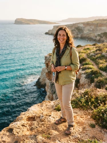 Friendly French guide standing on a sun-drenched limestone cliff in Gozo, warm golden-hour Mediterranean sunlight, turquoise sea background, 35mm editorial photography