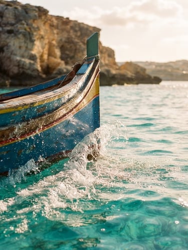 A close-up of a wooden boat bow cutting through crystal-clear turquoise Mediterranean water, bright golden-hour sunlight reflecting on the ripples, limestone cliffs of Comino soft in the background, 35mm photography