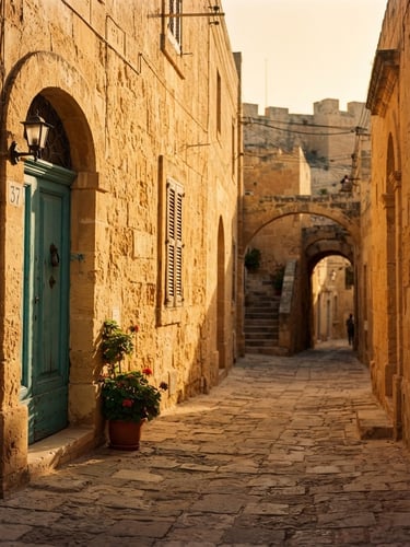 A narrow sun-drenched limestone street in Rabat Gozo, warm golden hour light casting long shadows on ancient stone walls, a single green wooden door, 35mm warm editorial photography.