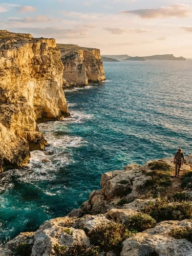 A dramatic perspective of the rugged Gozo coastline, golden limestone cliffs meeting deep turquoise Mediterranean waters under a warm sun, 35mm editorial photography style