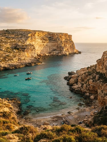 Wide panoramic shot of a hidden turquoise sea cove in Gozo, glowing limestone cliffs, golden hour Mediterranean sunlight, 35mm