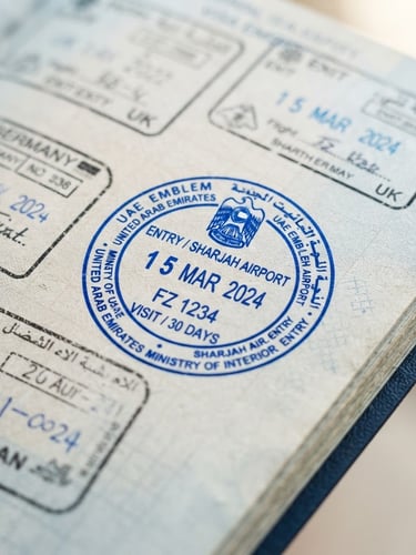 Close-up of a crisp blue UAE entry stamp on a clean passport page, bright natural daylight, sharp focus, high-end editorial travel style