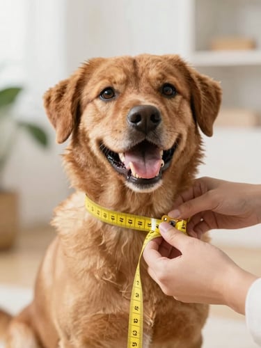 Close-up of hands gently measuring a happy brown dog with a soft yellow measuring tape, bright natural indoor light, warm and professional atmosphere