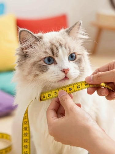 Close-up of hands carefully measuring a fluffy cat with a yellow tape measure, soft warm indoor lighting, colorful fabrics in the background.