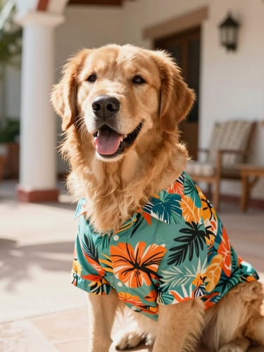 Bright lifestyle photo of a happy golden retriever wearing a colorful tropical shirt, sitting comfortably in a sunlit Mexican patio, warm natural daylight, eye-level shot