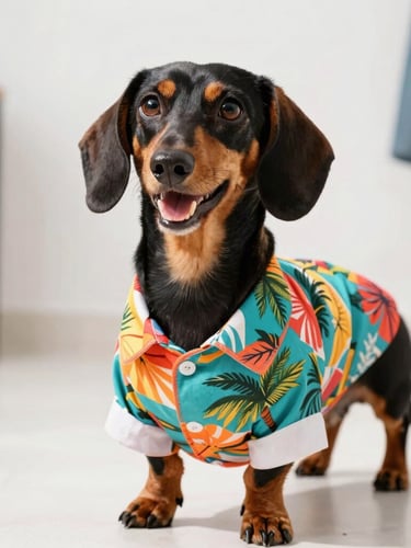 Eye-level shot of a happy, unique-sized dachshund wearing a perfectly fitted colorful handmade tropical shirt, bright natural daylight, Celaya workshop background.