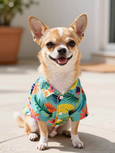 A happy small Chihuahua wearing a colorful tropical print shirt, sitting on a sunlit patio, eye-level shot, vibrant colors.