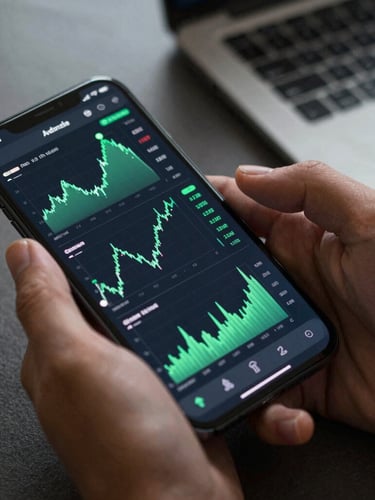 High-angle shot of hands interacting with a sleek Android phone displaying a dense financial dashboard with fluid green charts, dark background.