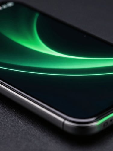 Extreme close-up of a flagship Android screen displaying a high-framerate fluid UI transition, dramatic neon green edge-lighting reflecting off the glass in a dark studio environment.