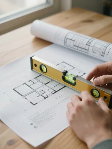 Close-up overhead view of architectural blueprints and structural planning documents on a warm oak table, soft diffused window light, hands holding a spirit level