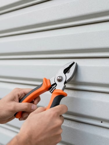 Close-up of hands repairing metal roller shutters, crisp professional photography, bright natural daylight, clean industrial orange accents, sharp focus on tools, 35mm