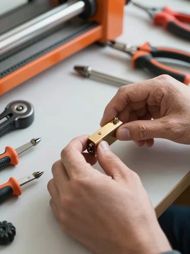 Gros plan sur des mains de technicien installant un cylindre de serrure en laiton brillant, outils de précision posés à côté, éclairage naturel et net.