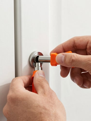 Close-up of a locksmith's hands installing a high-security lock cylinder on a clean modern door frame, bright daylight, 35mm