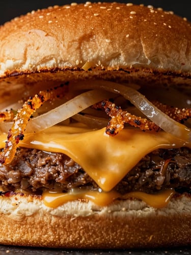 Extreme close-up of a towering coastal burger with melting cheese, crispy onions, and golden sauces, dramatic warm side-lighting on a dark background, 50mm macro lens