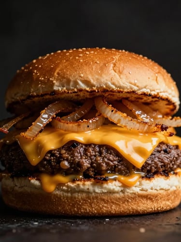 Dramatic close-up of a towering coastal burger with melting double cheese and crispy onions, high-contrast warm studio lighting, deep charcoal background, macro lens, 50mm