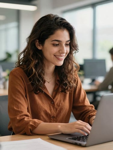 Focused portrait of Maria, a young woman, confidently coding on a laptop in a modern, well-lit office environment, natural daylight, shallow depth of field, optimistic and rich tones, genuine engagement.