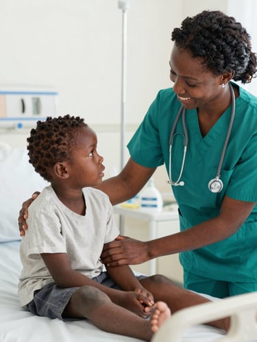 A smiling female pediatric nurse in green scrubs comforting a young boy sitting on a hospital bed.